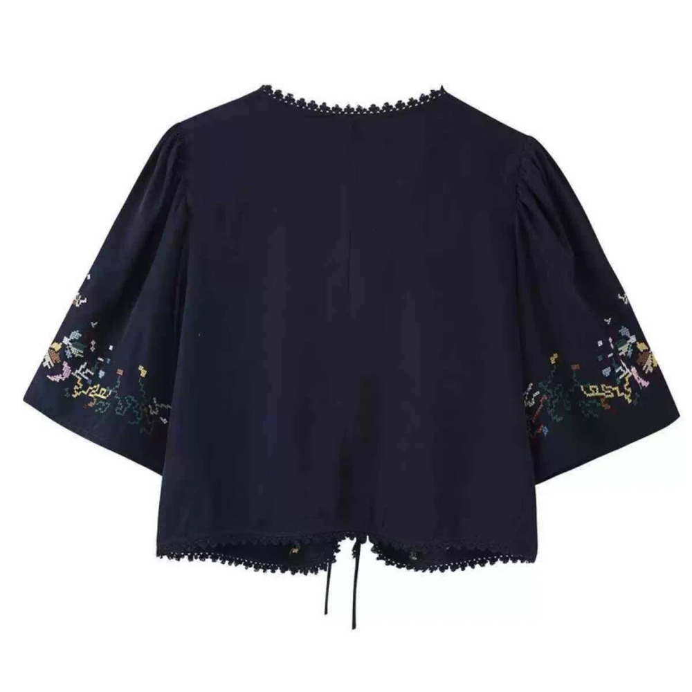 ZARA Summer Simple Versatile Floral Embroidered Collar Short Sleeve Shirt